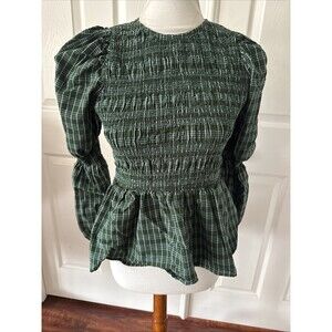 Smocked Peplum Top Long Sleeve Plaid Green Cottagecore XS